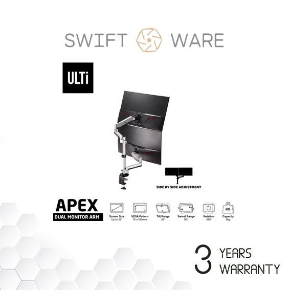 ULTi T23 APEX Vertical Stacking Dual Monitor Arm for 2 Monitors Up to 32”, Fits Curved Ultrawide w/ Tall Pole, VESA Mount
