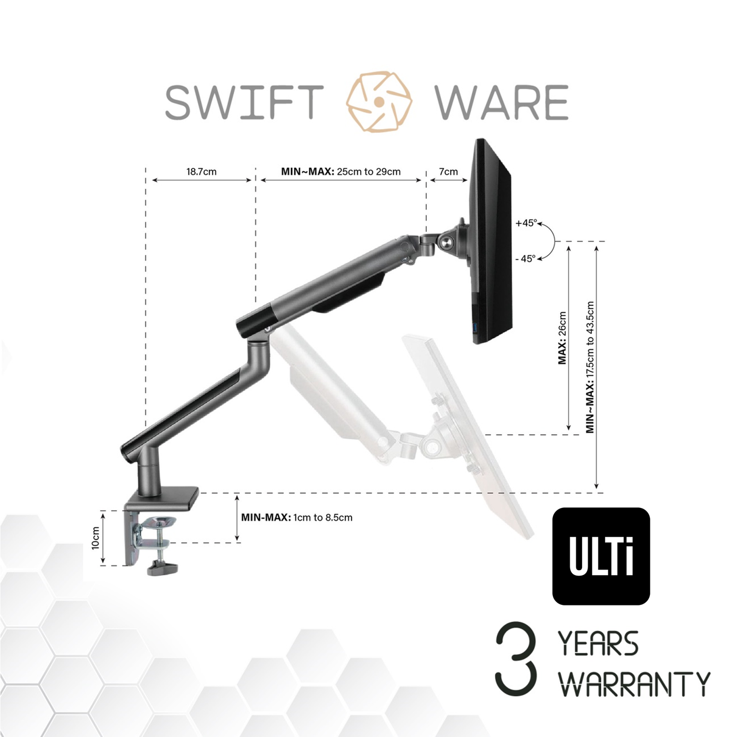 ULTi T17 Flex Premium Monitor Single Arm, Height Adjustable Mechanical Spring Monitor Desk Mount Stand, VESA Mount