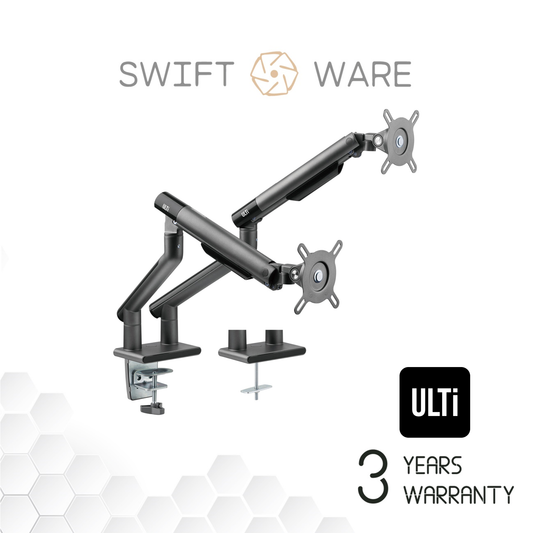 ULTi T18 Flex DUAL Monitor Arm, Height Adjustable Mechanical Spring Monitor Desk Mount Stand, VESA, Ergonomic Design for 2 monitors
