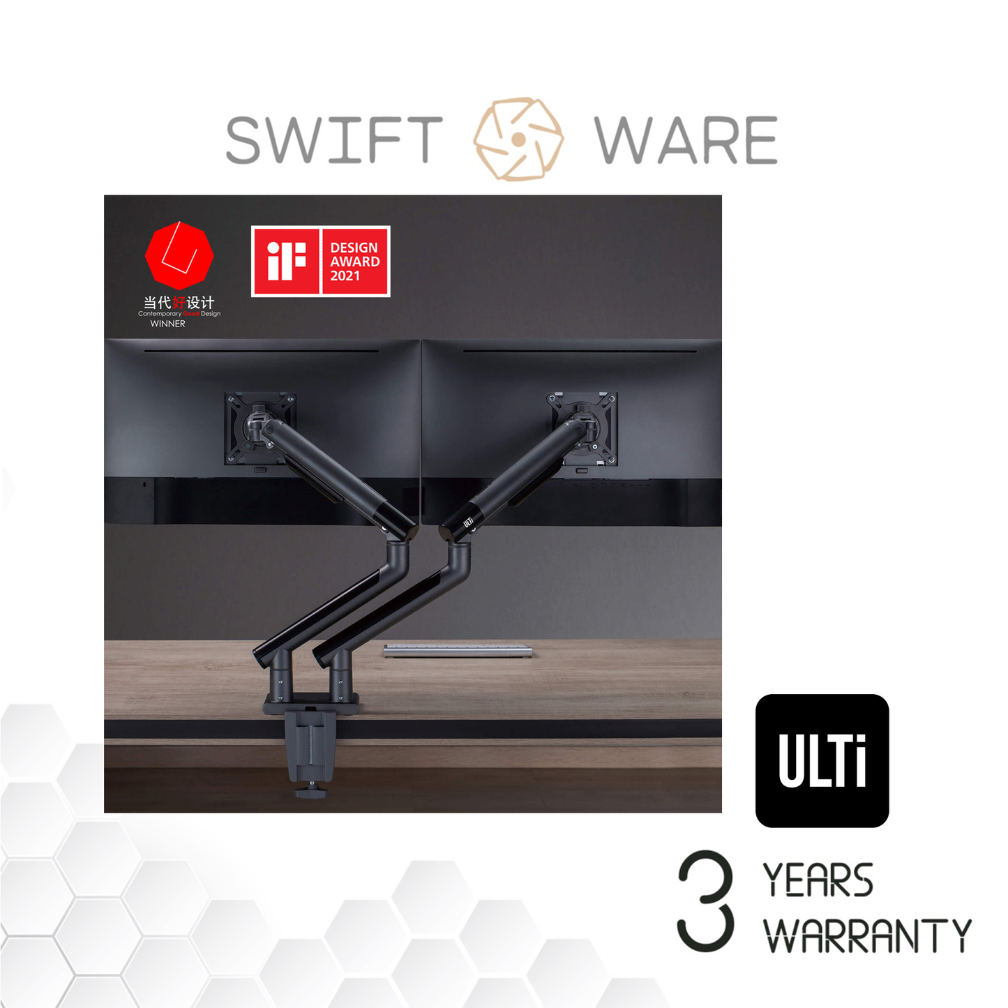 ULTi T18 Flex DUAL White Monitor Arm, Height Adjustable Mechanical Spring Monitor Desk Mount Stand, VESA, Ergonomic Design for 2 monitors
