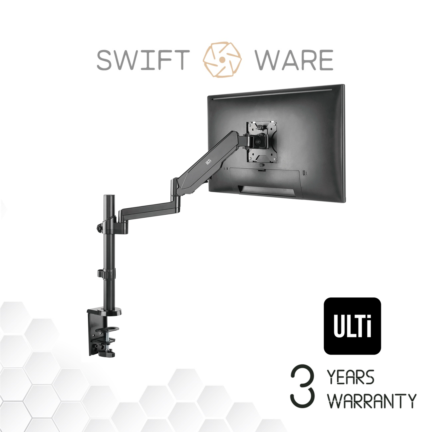 ULTi T28 Aero Gas Spring Single Monitor Arm - Monitor Desk Mount with Pole for 32" Flat & Curve Monitors - VESA Compatible