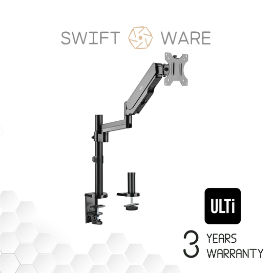 ULTi T28 Aero Gas Spring Single Monitor Arm - Monitor Desk Mount with Pole for 32" Flat & Curve Monitors - VESA Compatible
