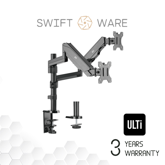 ULTi T29 Aero Dual Gas Spring Monitor Arm - Monitor Desk Mount with Pole for 32 Inch Flat & Curve Monitors - VESA Compatible