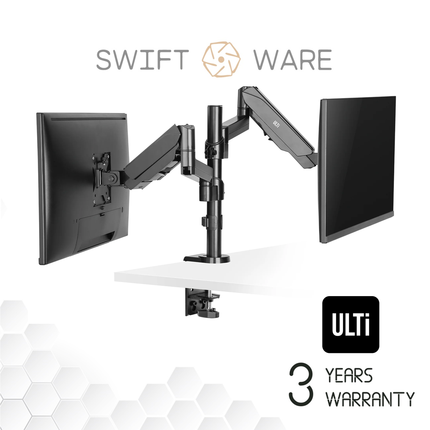 ULTi T29 Aero Dual Gas Spring Monitor Arm - Monitor Desk Mount with Pole for 32 Inch Flat & Curve Monitors - VESA Compatible