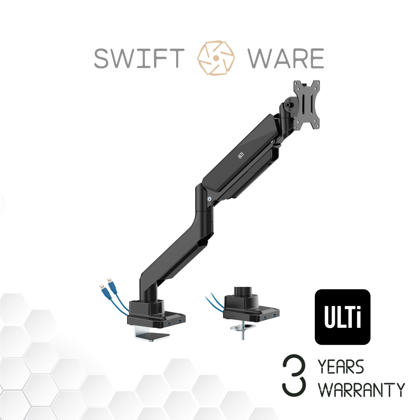 ULTi T34 Vega Premium Aluminium Heavy Duty Gas Spring Single Arm for 38, 43, 49 Inch Monitor, with Built-in USB 3.0, Audio, Mic Ports