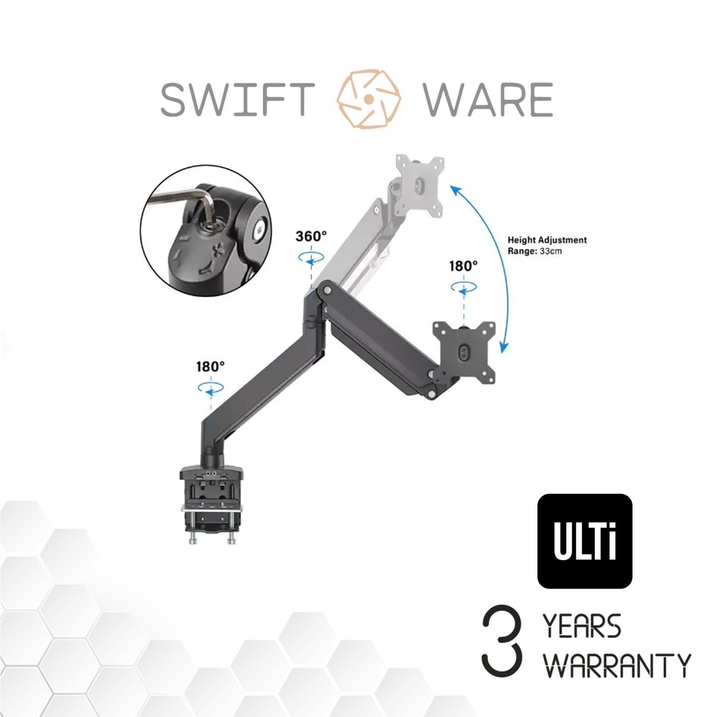 ULTi T34 Vega Premium Aluminium Heavy Duty Gas Spring Single Arm for 38, 43, 49 Inch Monitor, with Built-in USB 3.0, Audio, Mic Ports