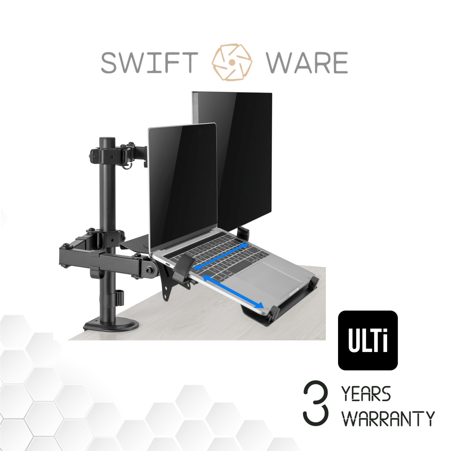 ULTi T01 Full Motion Monitor and Laptop Desk Mount, Articulating Double Center Arm Joint, VESA Stand, Fits up to 32" Screen