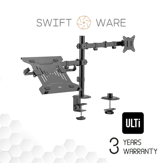 ULTi T01 Full Motion Monitor and Laptop Desk Mount, Articulating Double Center Arm Joint, VESA Stand, Fits up to 32" Screen